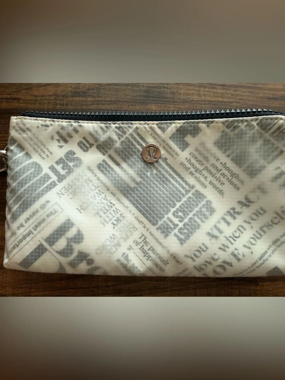 Lululemon Newspaper Print Double Zip Wristlet Pouch White Black
